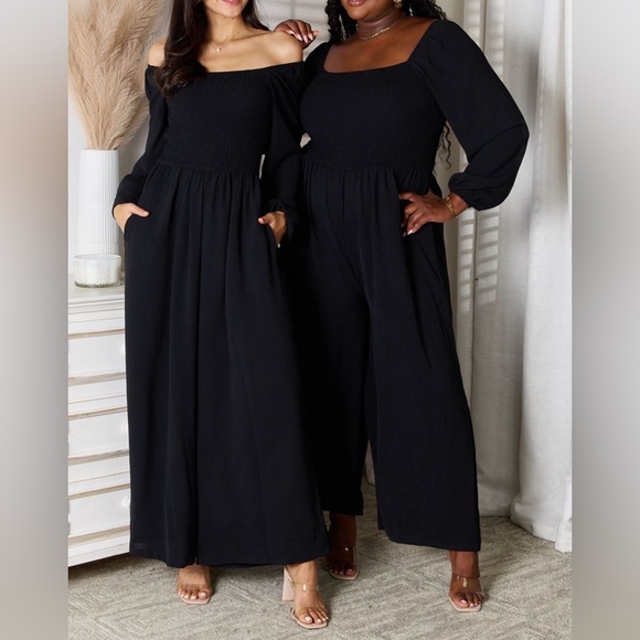 NEW Double Take Black Square Neck Smocked Long Sleeve Wide Leg Jumpsuit - Picture 8 of 9